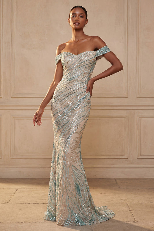 Sparkly Off-the-Shoulder Mermaid Blue Sequin Long Prom Dress