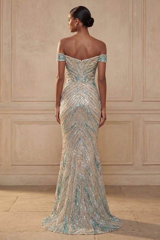 Sparkly Off-the-Shoulder Mermaid Blue Sequin Long Prom Dress