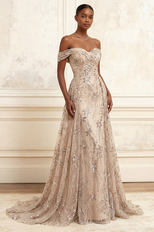 Sparkly Off the Shoulder Tulle Mermaid Champagne Ruched Long Prom Dress with Sequins
