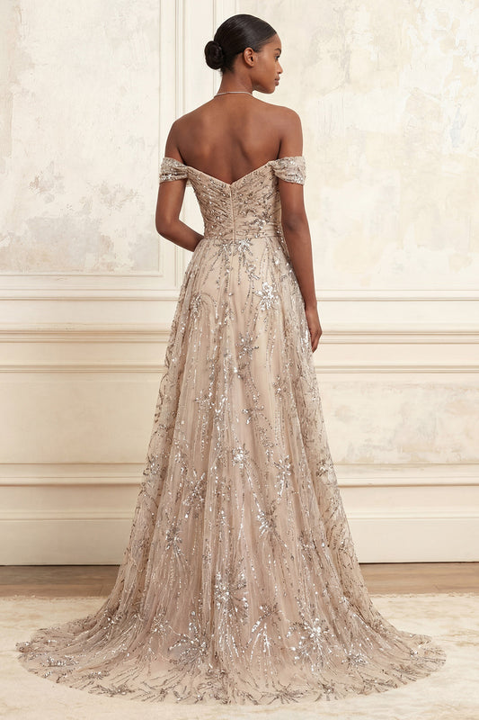 Sparkly Off the Shoulder Tulle Mermaid Champagne Ruched Long Prom Dress with Sequins