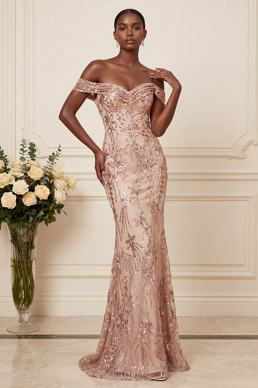 Sparkly Mermaid Blush Off the Shoulder Ruched Long Prom Dress with Sequins