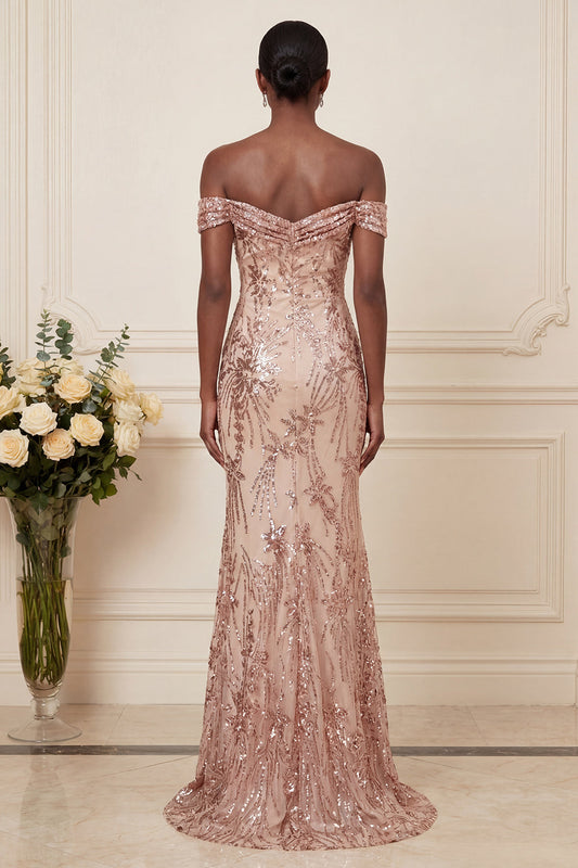 Sparkly Mermaid Blush Off the Shoulder Ruched Long Prom Dress with Sequins