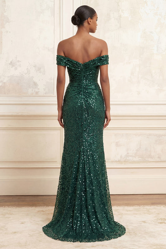 Robe de bal longue sirène vert foncé scintillant avec fente et épaules dénudées à paillettes froncées