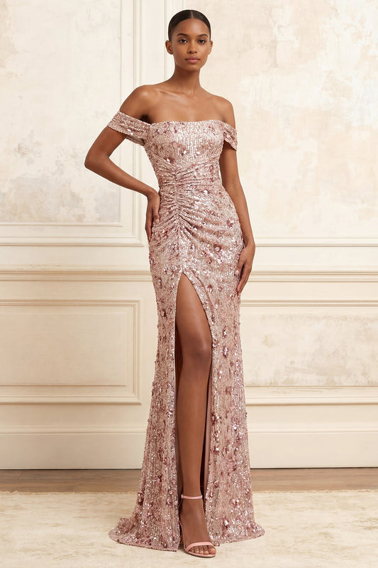Robe de bal longue sirène à sequins étincelants, avec épaules dénudées, froncée et fendue
