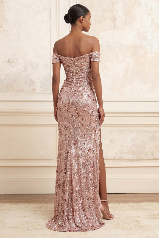 Robe de bal longue sirène à sequins étincelants, avec épaules dénudées, froncée et fendue