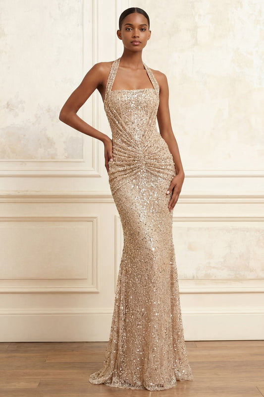 Sparkly Mermaid Champagne Halter Neck Sequined Ruched Long Prom Dress
