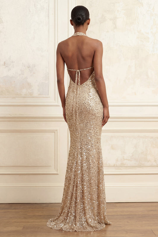 Sparkly Mermaid Champagne Halter Neck Sequined Ruched Long Prom Dress
