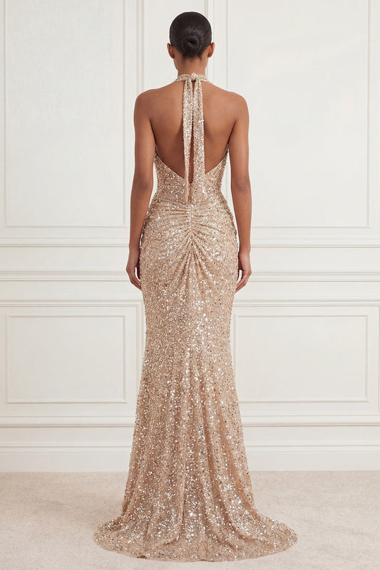 Sparkly Mermaid Champagne Halter Neck Ruched Sequins Long Prom Dress with Slit