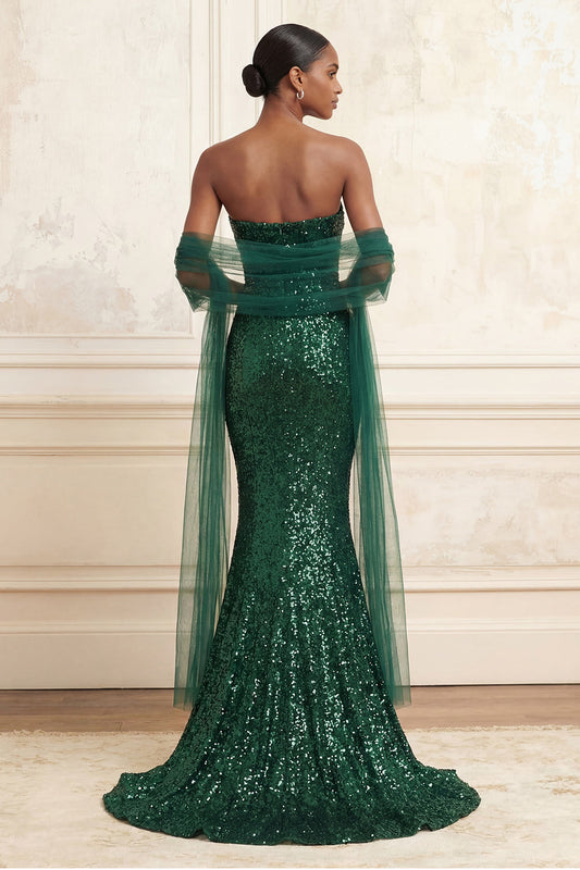 Robe longue de bal à paillettes vert foncé étincelante coupe sirène sans bretelles avec cape