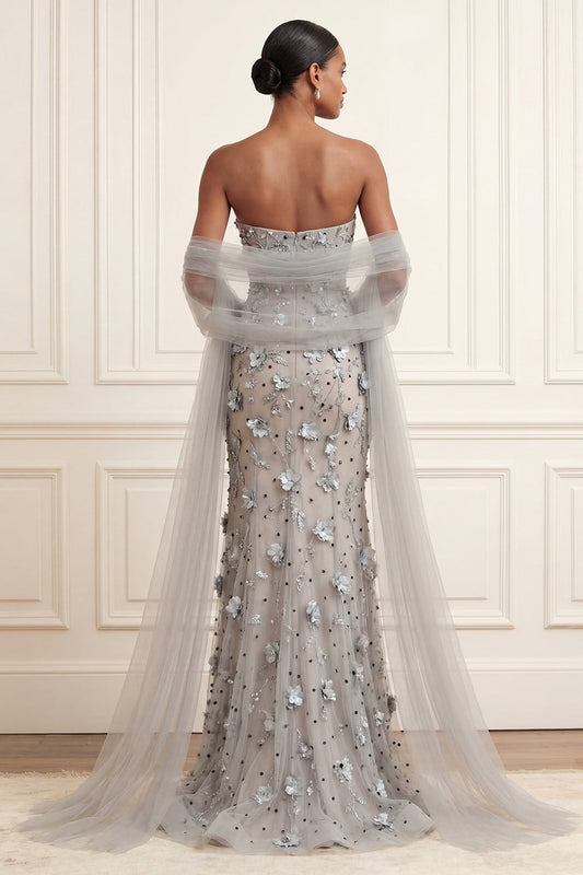 Silver Mermaid Strapless Sequined Appliqued Floral Long Prom Dress with Cape