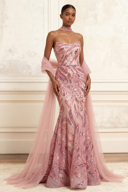 Sparkly Pink Mermaid Strapless Sequins Long Prom Dress with Cape