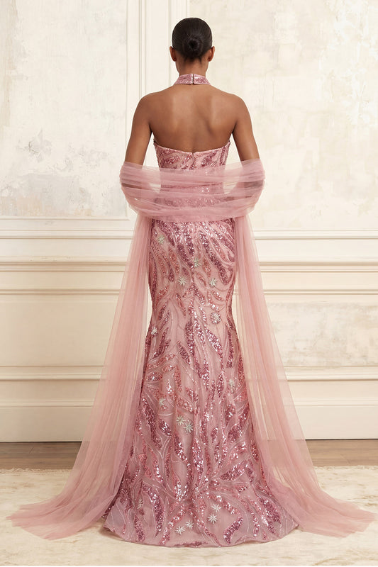 Sparkly Pink Mermaid Strapless Sequins Long Prom Dress with Cape