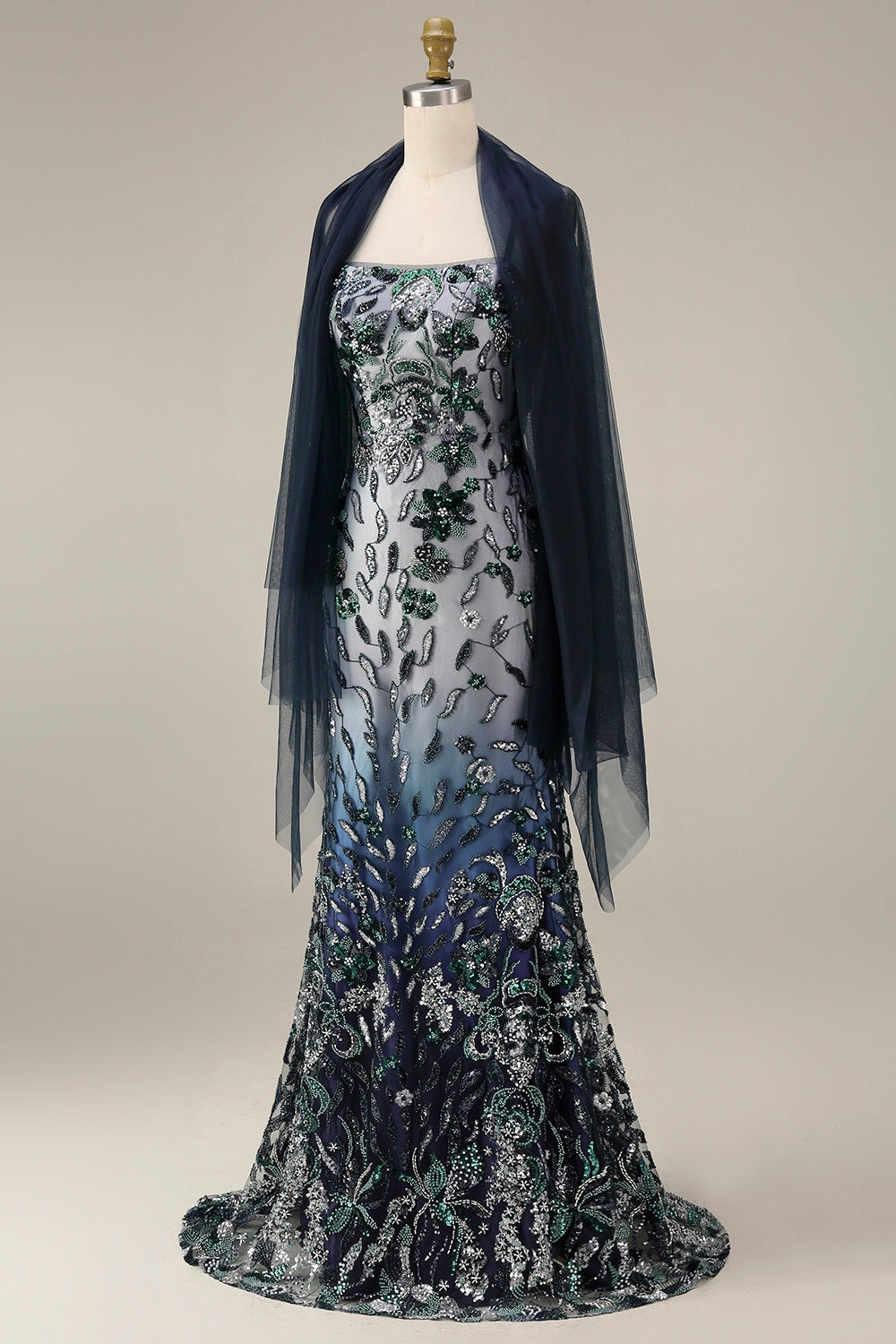 Sparkly Navy Mermaid Sequins Long Prom Dress with Cape