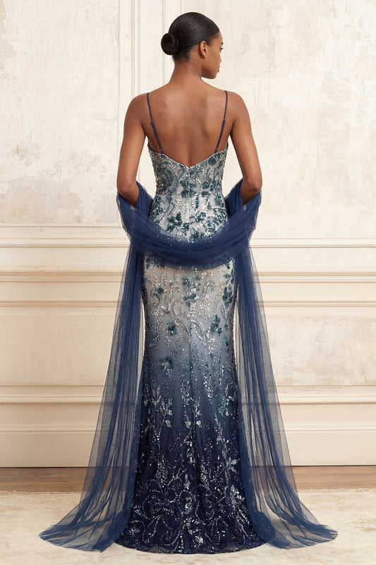 Sparkly Navy Mermaid Sequin Long Prom Dress with Cape