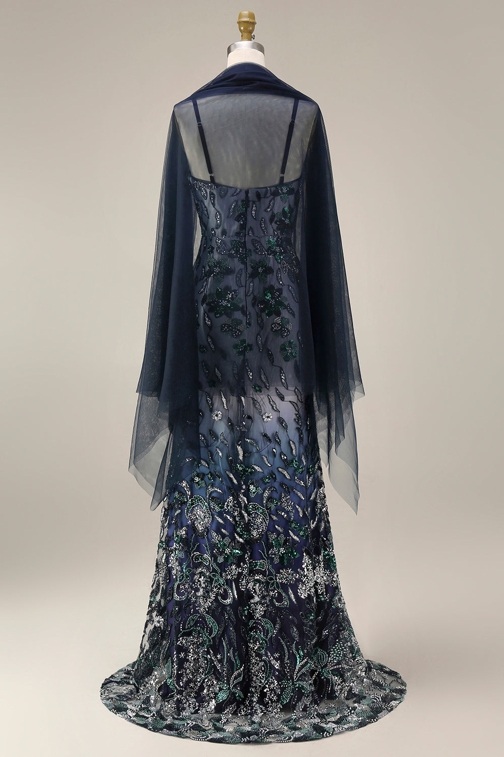 Sparkly Navy Mermaid Sequins Long Prom Dress with Cape