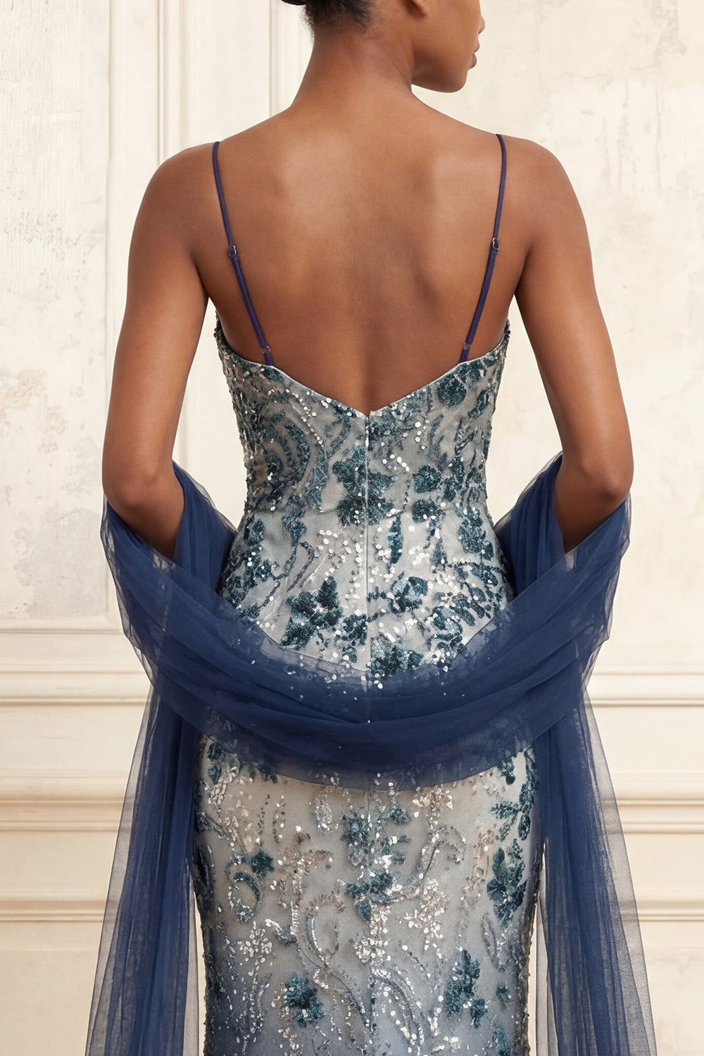 Sparkly Navy Mermaid Sequins Long Prom Dress with Cape