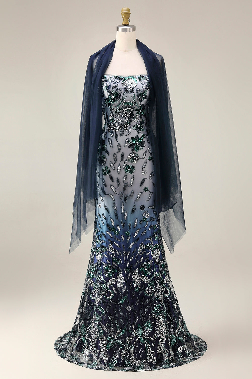 Sparkly Navy Mermaid Sequins Long Prom Dress with Cape