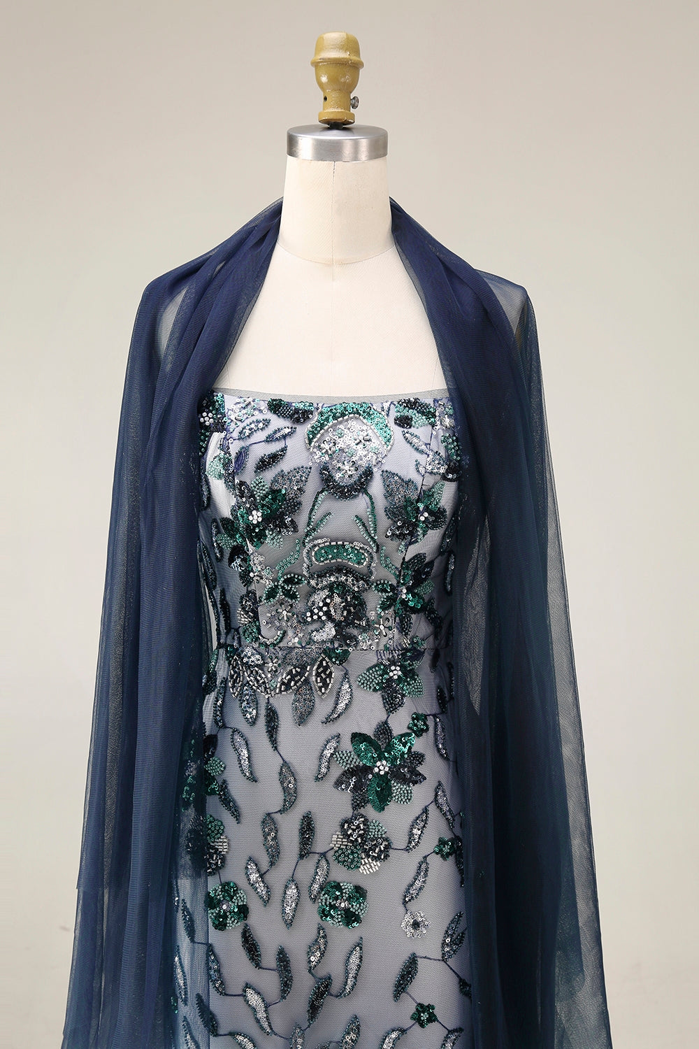 Sparkly Navy Mermaid Sequins Long Prom Dress with Cape