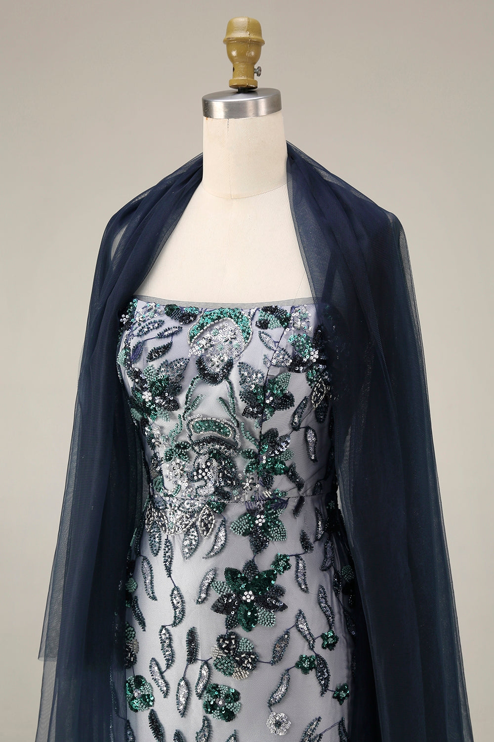 Sparkly Navy Mermaid Sequins Long Prom Dress with Cape