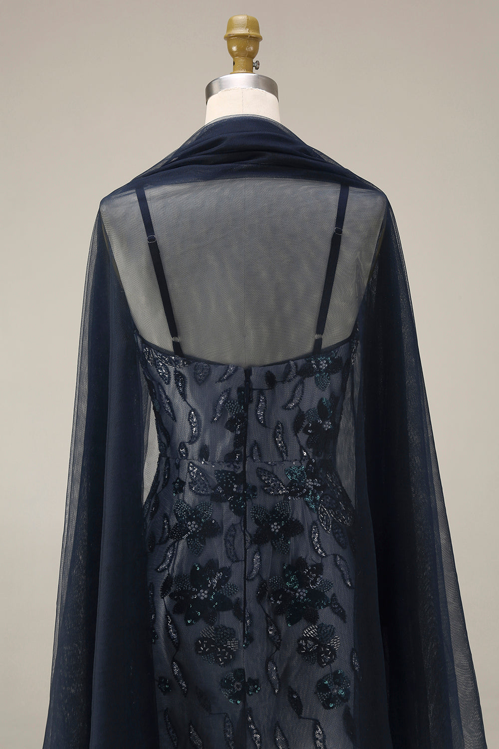 Sparkly Navy Mermaid Sequins Long Prom Dress with Cape