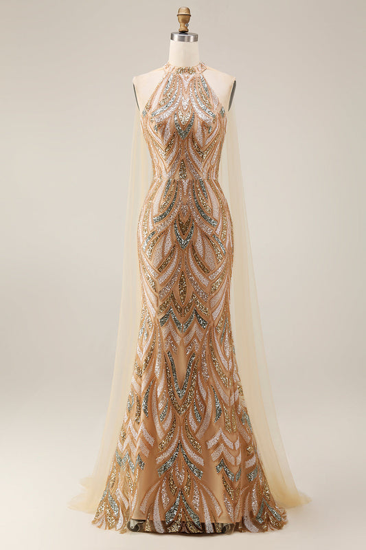 Sparkly Champagne Halter Mermaid Sequin Long Evening Dress