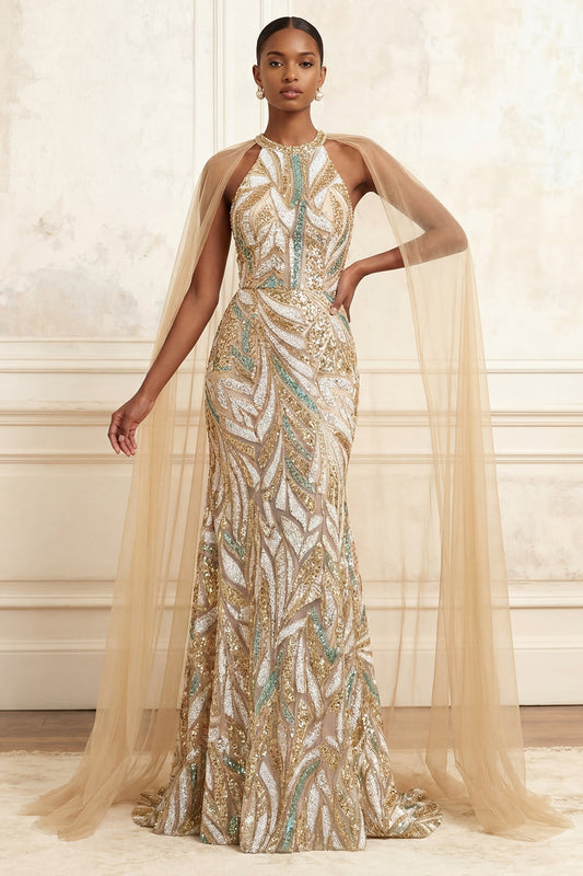 Sparkly Mermaid Champagne Halter Neck Sequined Long Prom Dress with Cape