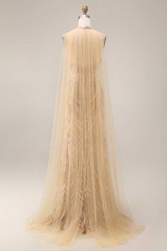 Sparkly Champagne Halter Mermaid Sequin Long Evening Dress