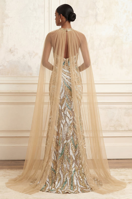 Sparkly Mermaid Champagne Halter Neck Sequined Long Prom Dress with Cape