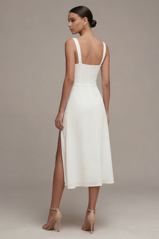 Robe de fiançailles mi-longue évasée couleur ivoire avec fente