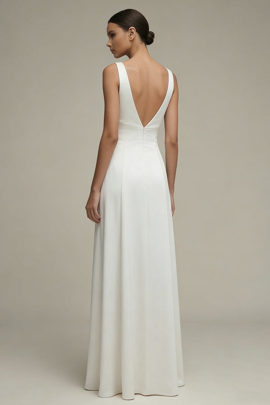 Robe de Fiançailles Longue en Satin Évasée à Col en V Blanc