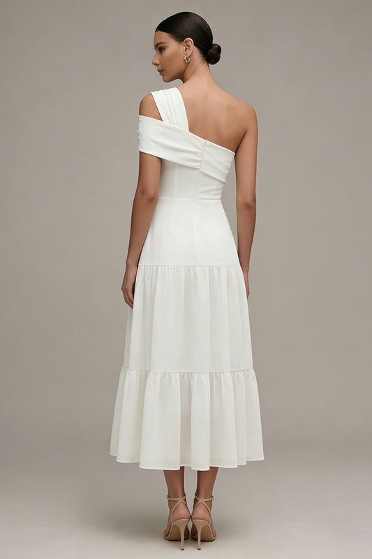 Robe de fiançailles midi blanche à volants asymétrique à une épaule et ligne A