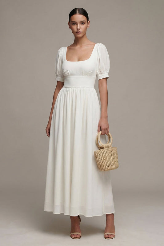 Robe de fiançailles longue en mousseline blanche, coupe trapèze et manches bouffantes
