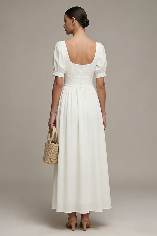 Robe de fiançailles longue en mousseline blanche, coupe trapèze et manches bouffantes