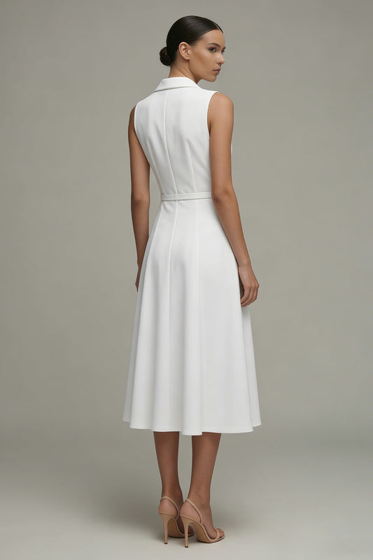 Robe de travail midi trapèze froncée sans manches à col en V blanc