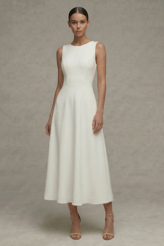 Robe de fiançailles sans manches col rond ligne A blanche