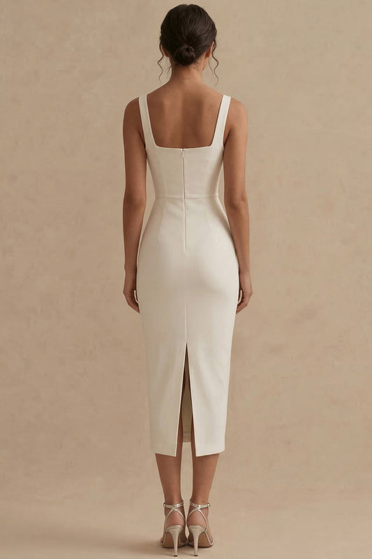 Robe de fiançailles midi fourreau en satin blanc à col carré