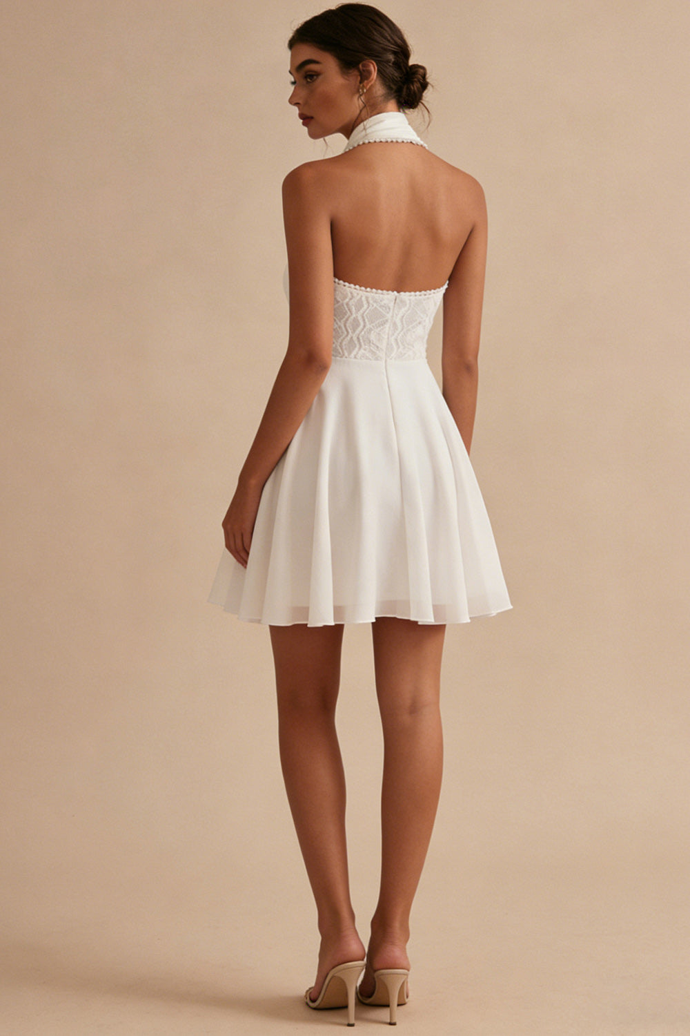 Halter Chiffon Lace A Line Little White Dress