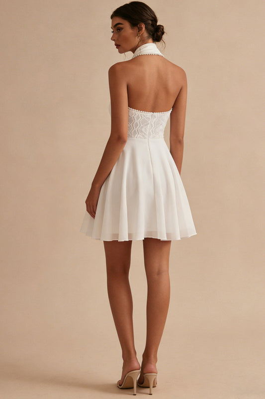 Halter Chiffon Lace A-Line Little White Dress