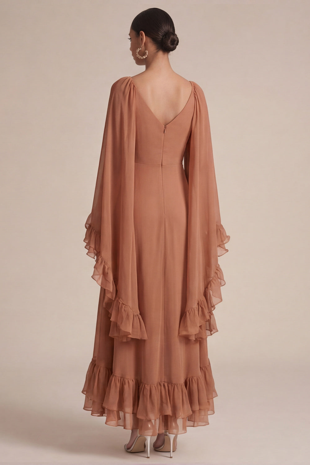 Brown A Line Ruffled V-Neck Long Wedding Guest Dress with Cape