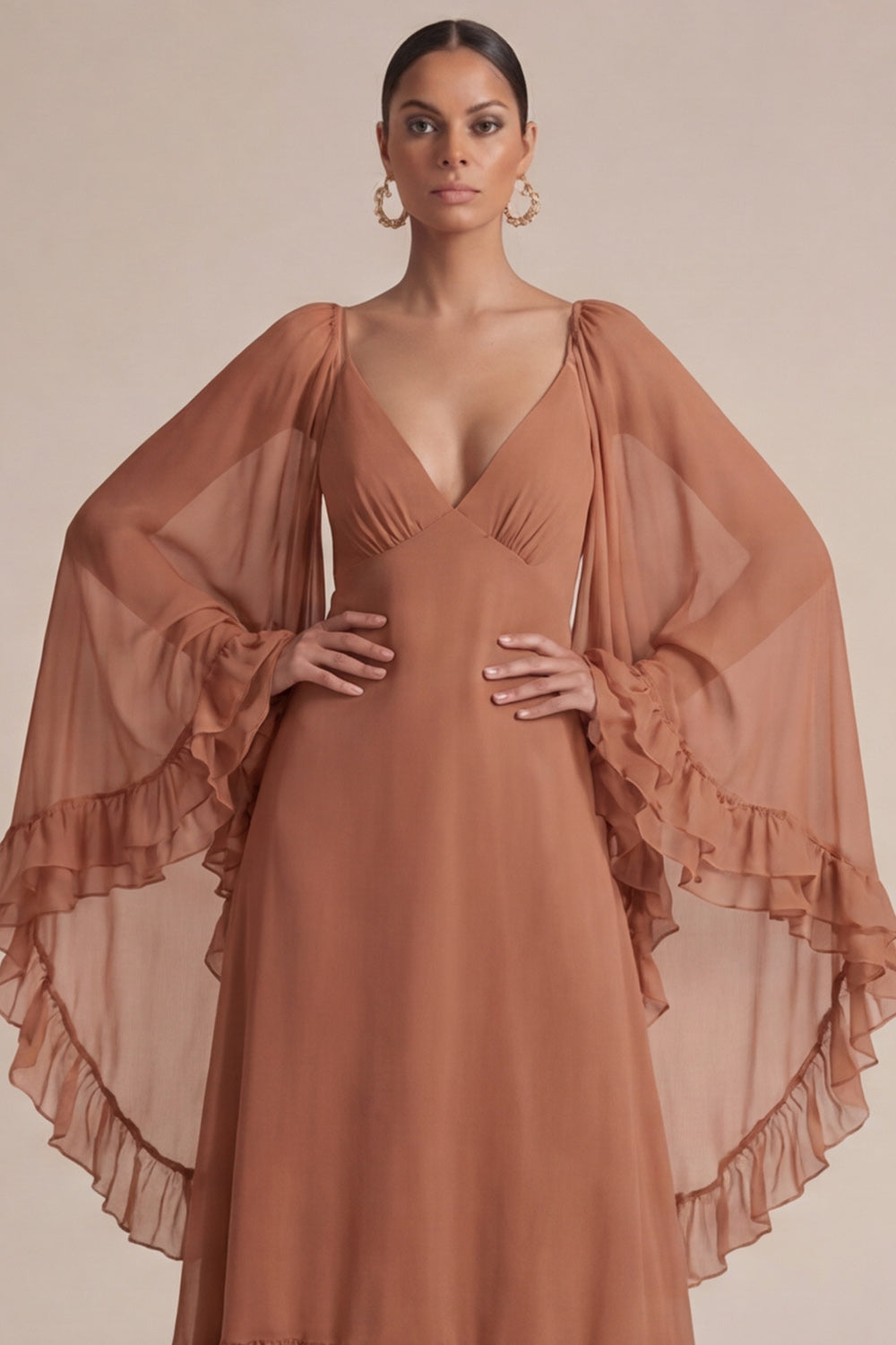 Brown A Line Ruffled V-Neck Long Wedding Guest Dress with Cape