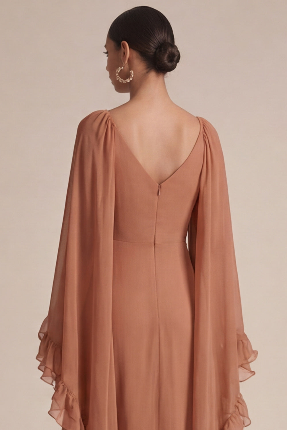 Brown A Line Ruffled V-Neck Long Wedding Guest Dress with Cape