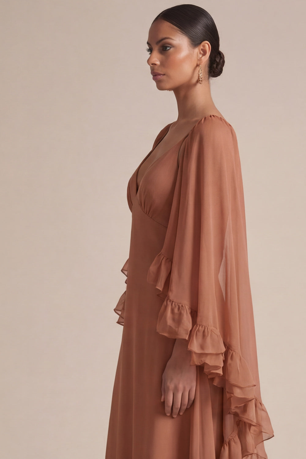 Brown A Line Ruffled V-Neck Long Wedding Guest Dress with Cape
