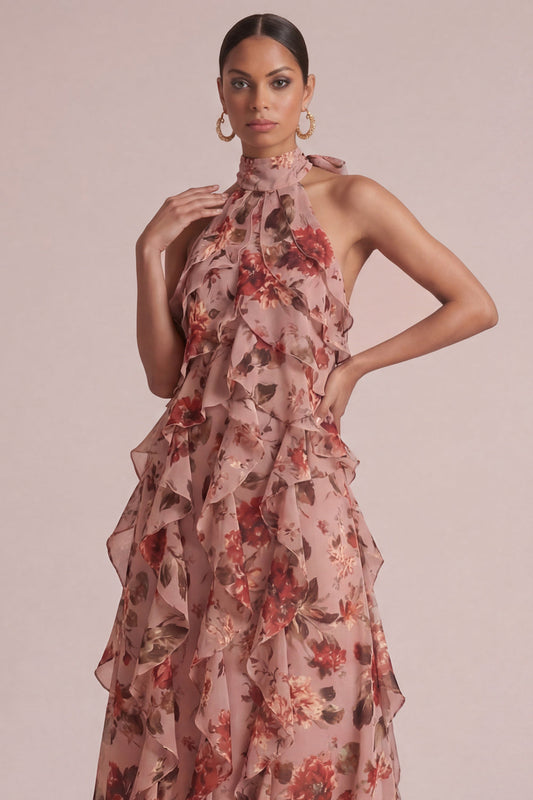 Dusty Rose Halter Ruffled Floral Long Wedding Guest Dress
