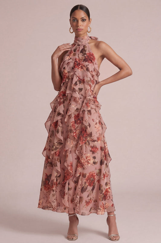 Dusty Rose Halter Ruffled Floral Long Wedding Guest Dress