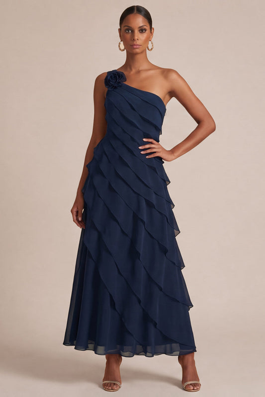 Robe longue de soirée bleu marine à une épaule, coupe trapèze, avec fleurs 3D