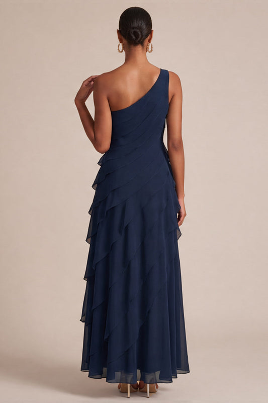 Robe longue de soirée bleu marine à une épaule, coupe trapèze, avec fleurs 3D
