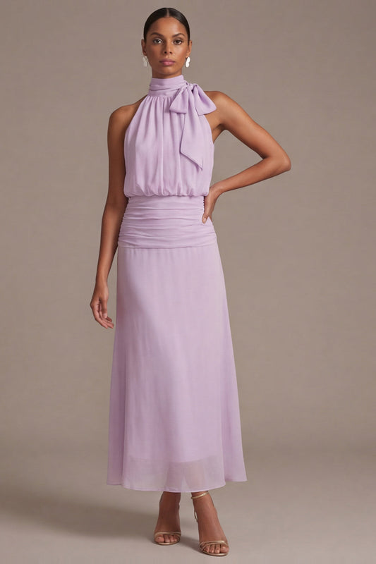 Dusty Rose Floral A Line Long Wedding Guest Dress with Bow