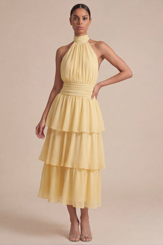 Yellow Ruffled A Line Halter Long Wedding Guest Dress with Bow