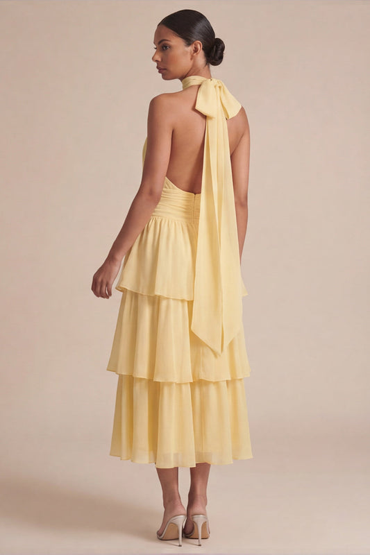 Yellow Ruffled A Line Halter Long Wedding Guest Dress with Bow