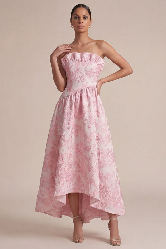 Pink Strapless A Line Floral Midi Wedding Guest Dress